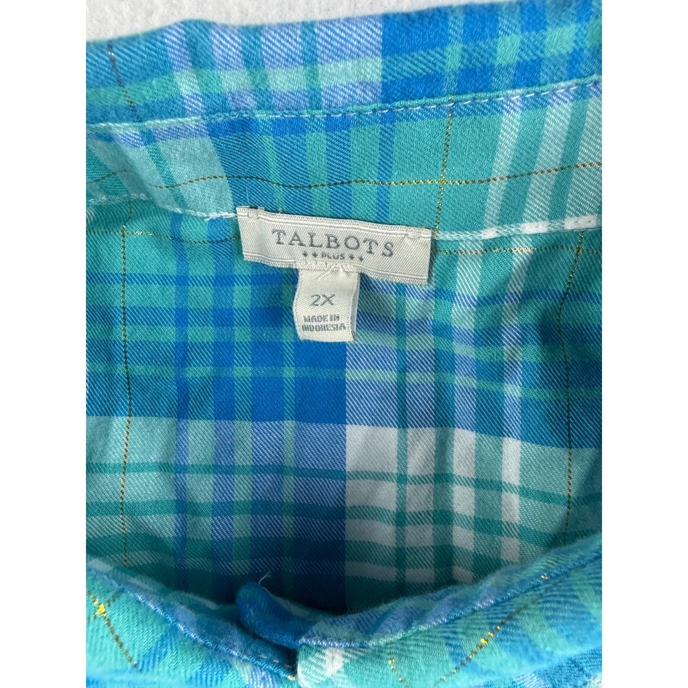Talbots Plus Size 2X Plaid Button Down Shirt Blue Green Gold Sparkle Long Sleeve - Picture 4 of 7